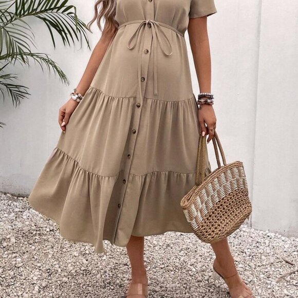 NWOT SHEIN Maternity Button Front Ruffle Hem Belted Dress XXL - Picture 1 of 4